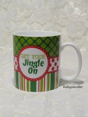 Clay Art Christmas Mug “Get Your Jingle On” Red Polka Dot Candy Cane Ceramic Cup